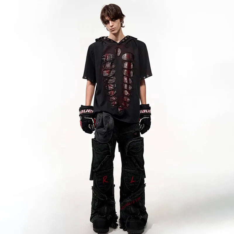 Stylish Hollow Out Patched Loose T-Shirt