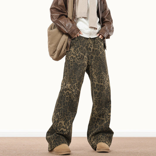 Leopard Wash High Waist Straight Jeans