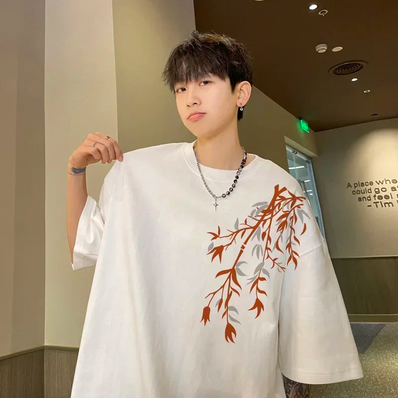 Oversized Bamboo Print White T-Shirt