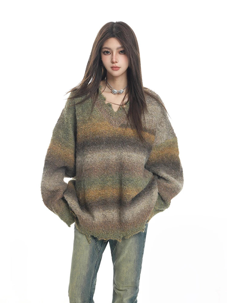 Retro Gradient Striped Sweater V-Neck Knit