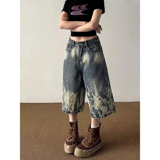 Lightning Pattern Retro Denim Shorts