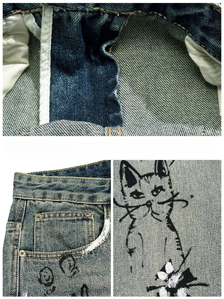 Distressed Creative Graffiti Print Baggy Jeans
