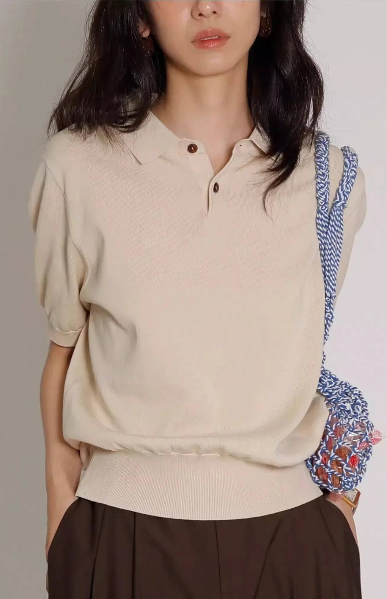 Blue Silk Knitted French Lapel T-Shirt