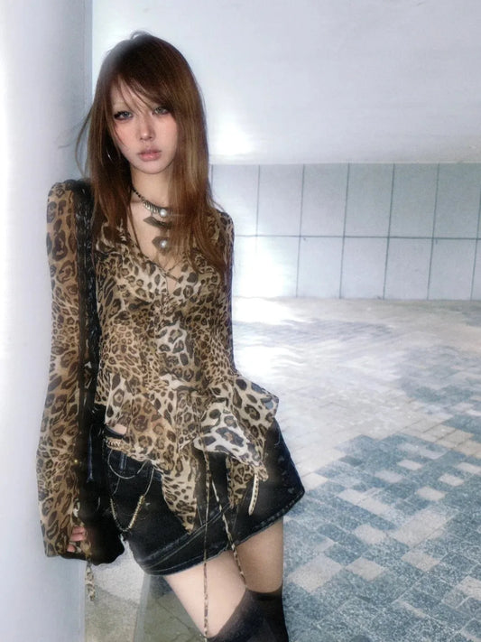 Leopard Print Ruffled V-Neck Blouse T-Shirt