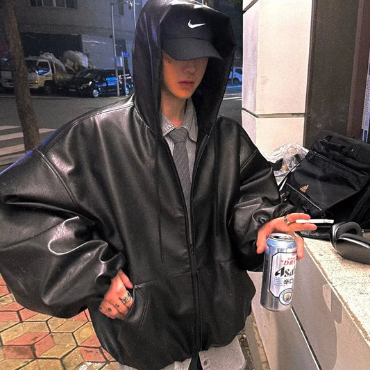Sleek Black PU Leather Windbreaker Jacket