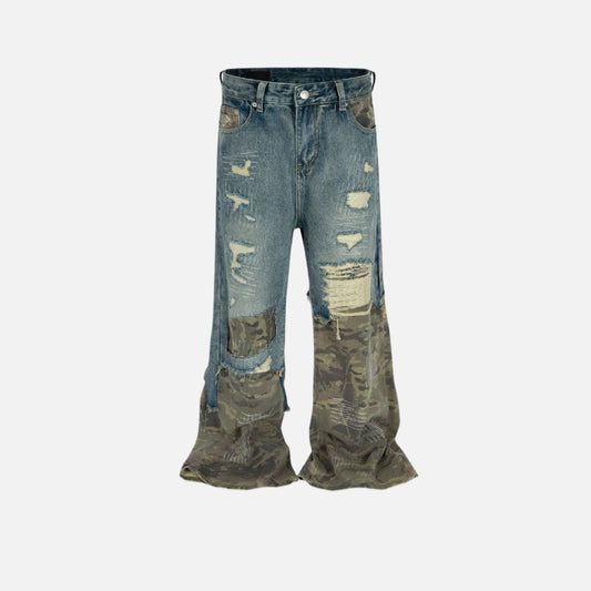 Camouflage Patchwork Washed Hole Design Jeans