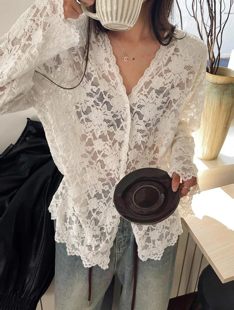 Chic Sheer Lace Blouses Womens Shirt