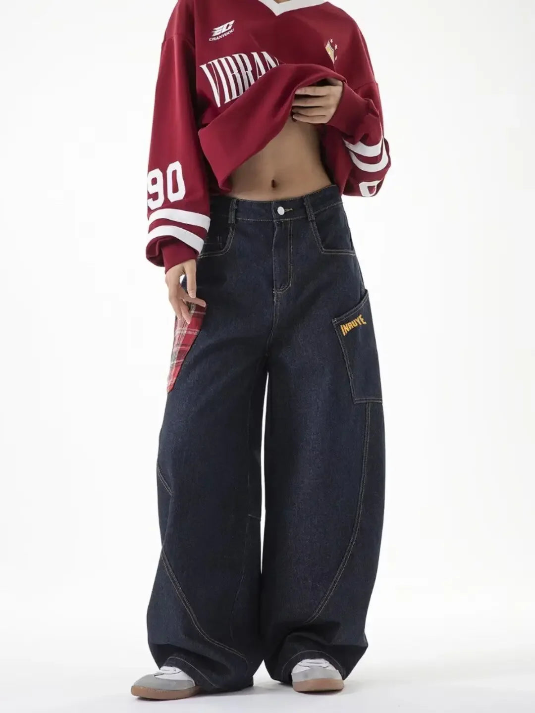 Retro Plaid Cargo Wide Leg Jeans