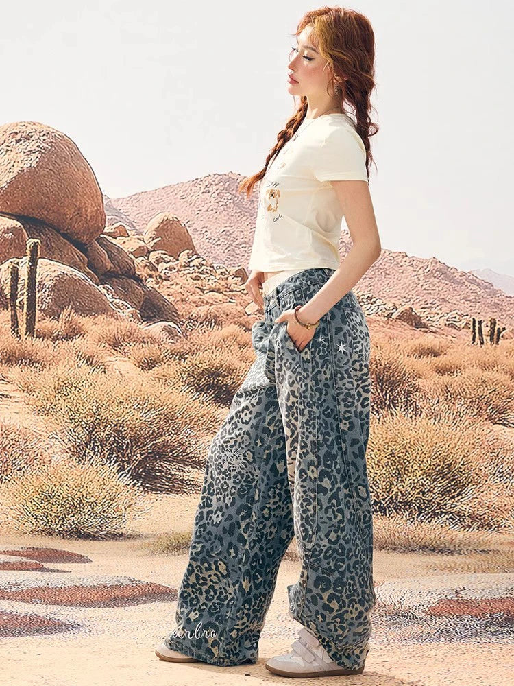 Retro Leopard Wide Leg Jeans