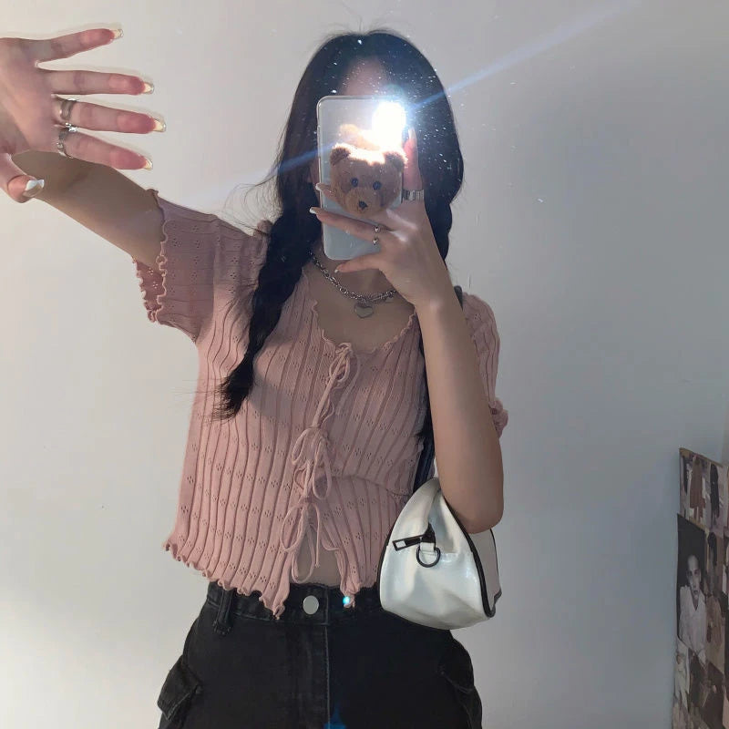 Versatile Ribbed V-Neck Knitted Crop T-Shirt
