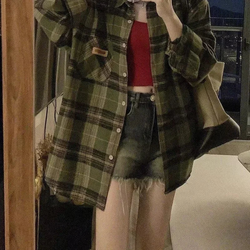 Vintage Oversize Green Plaid Blouse Shirt