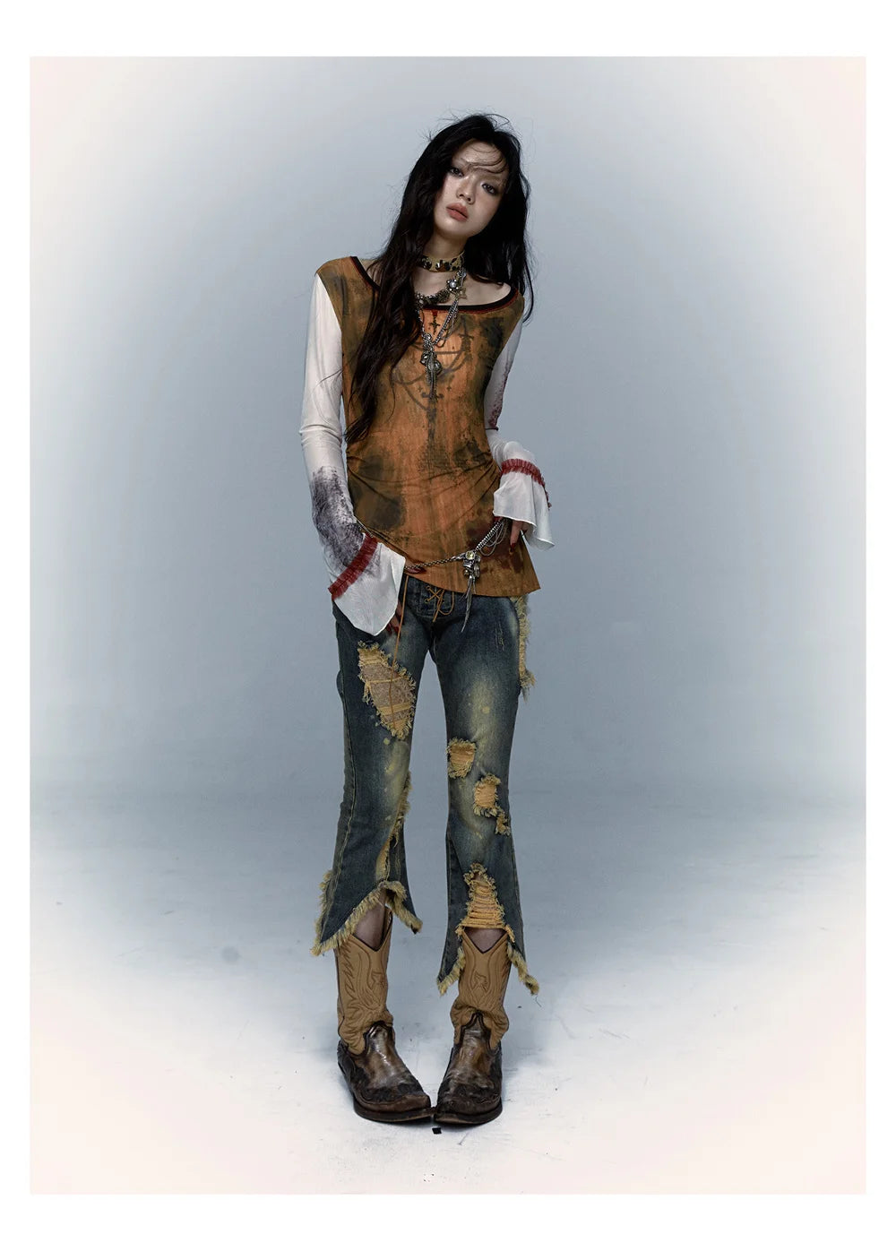 Vintage Japanese Y2K Mesh Flare-Sleeve T-Shirt