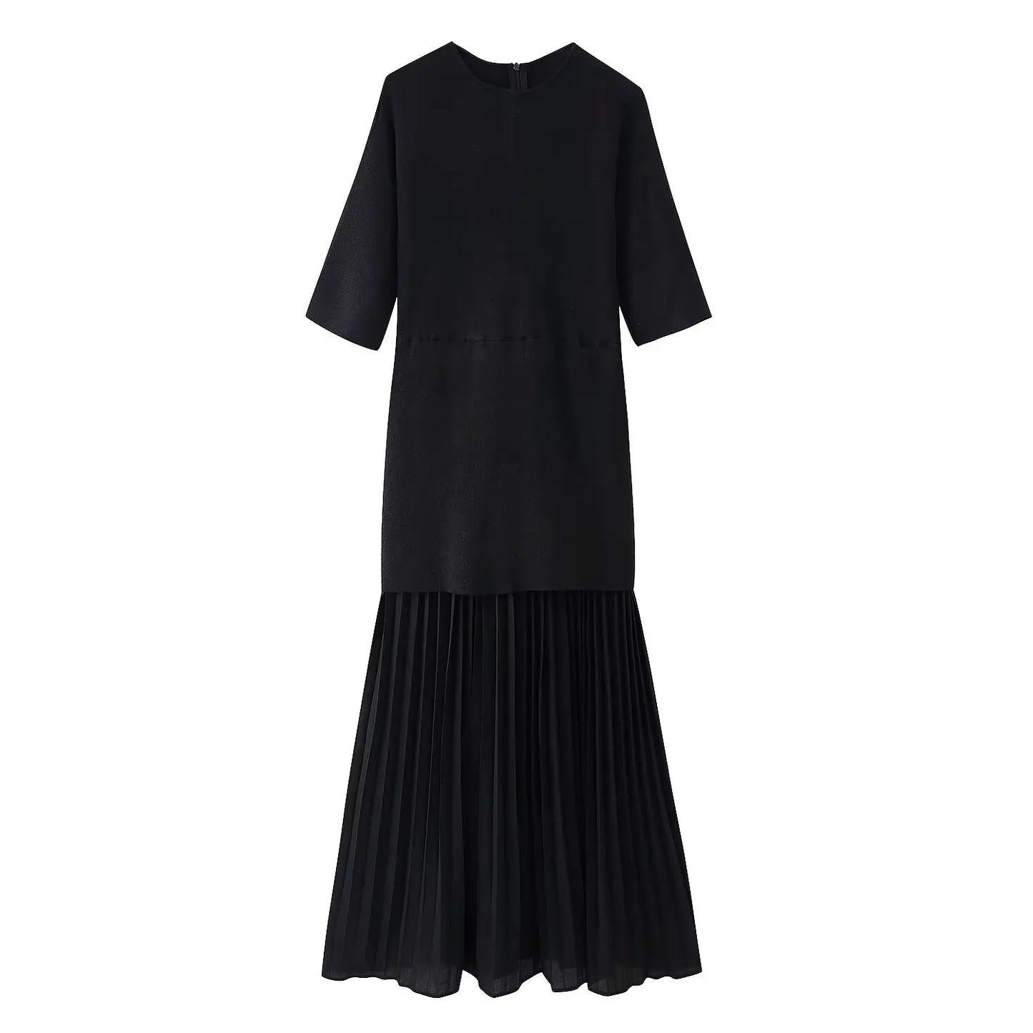 Elegant Pleated O-Neck Long Dress Women