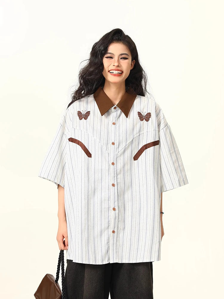 Chic Striped Short-Sleeved Korean Blouse Shirt