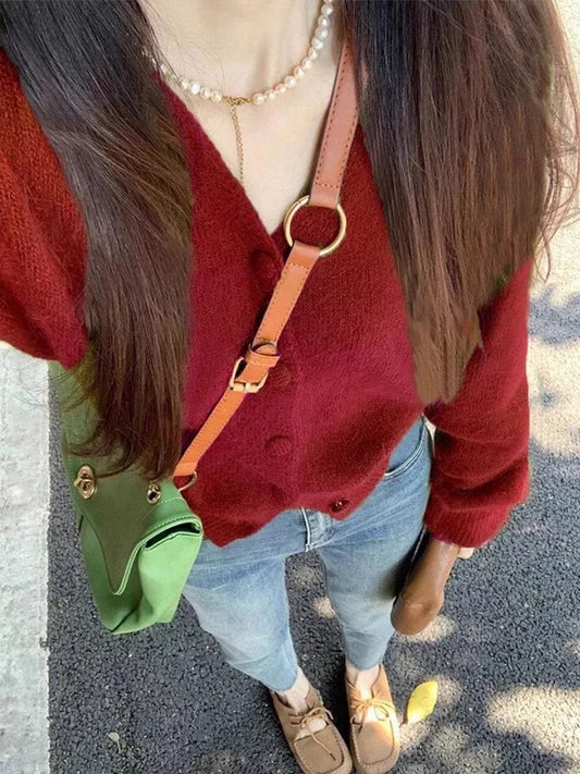 Green V-Neck Knitted Cardigan Sweater