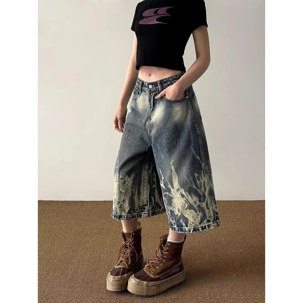 Lightning Pattern Retro Denim Shorts