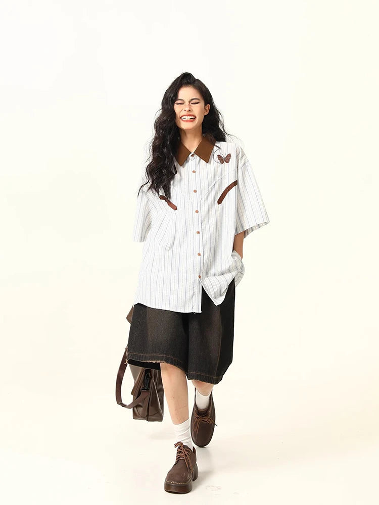Chic Striped Short-Sleeved Korean Blouse Shirt