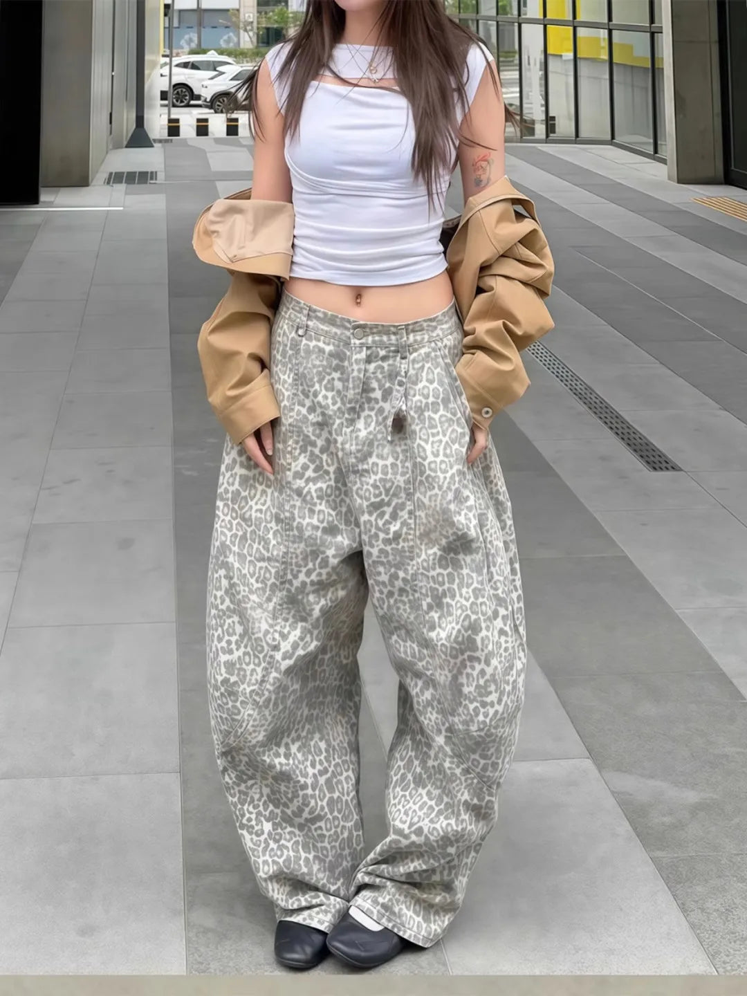 Leopard Print Loose Fit Denim Jeans