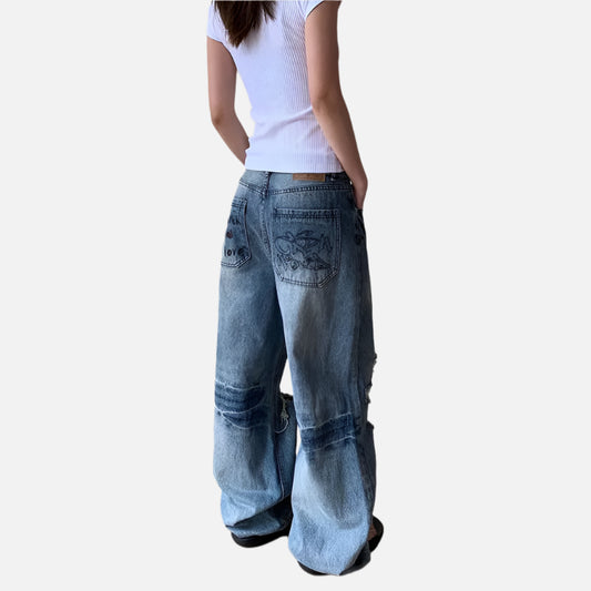 Retro Distressed Loose Fit Wide Jeans