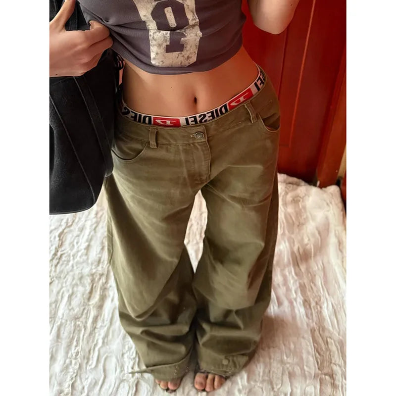 Green Vintage High Waist Wide Jeans