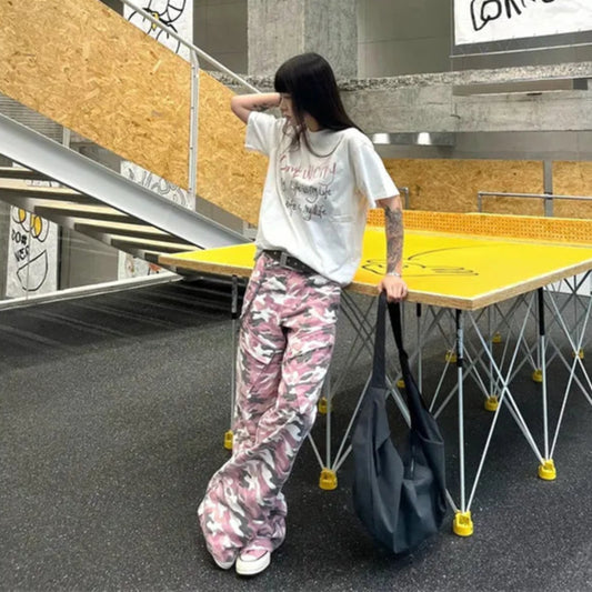 Pink Camouflage Wide Leg Workwear Jeans