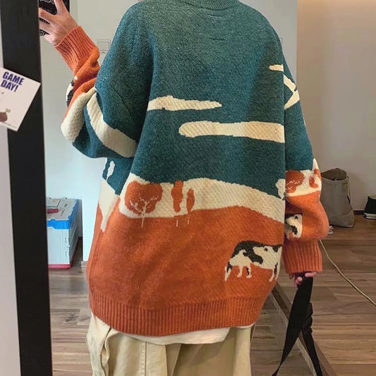 Vintage Winter Cows Print Sweaters Pullover