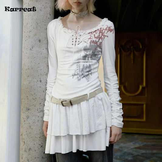 Karrcat Grunge Aesthetics Graffiti Print Dress Vintage Fairycore Bandage Short Dress Wasteland Punk Long Sleeve Party Dress Y2k