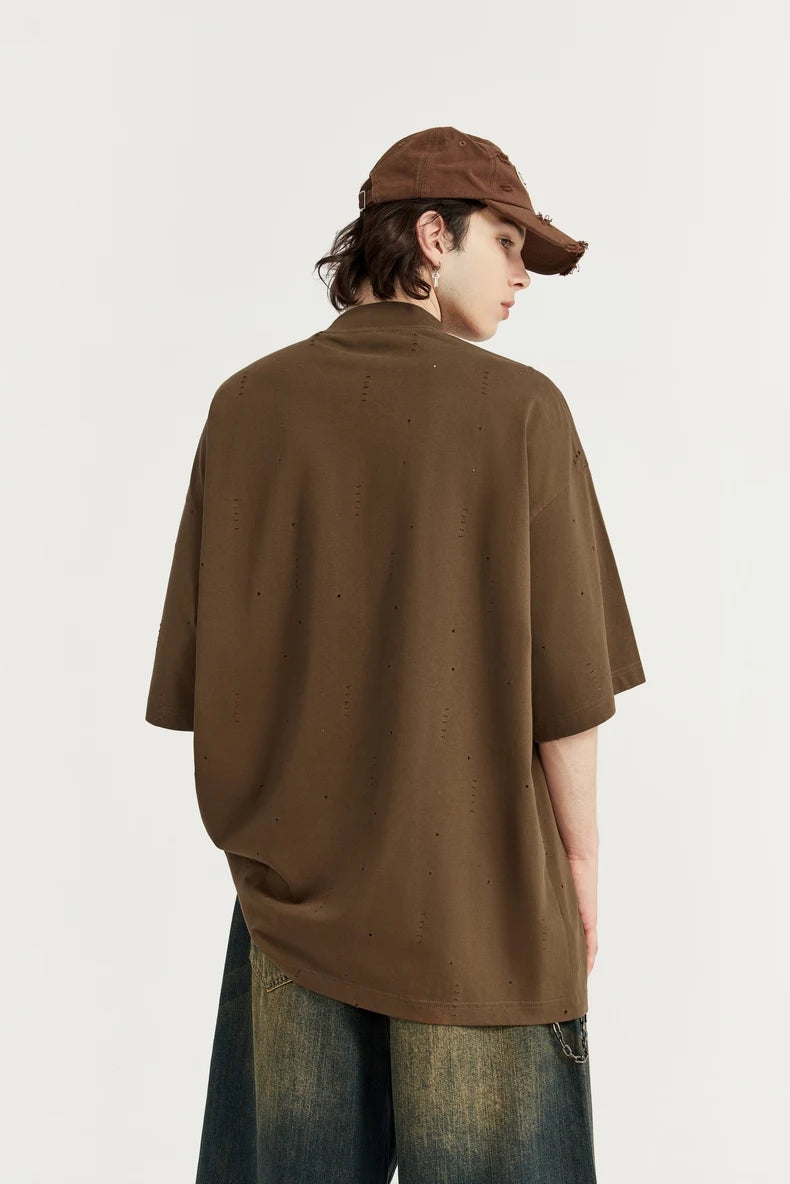 Heavyweight Ripped Mock Neck Cotton T-Shirt