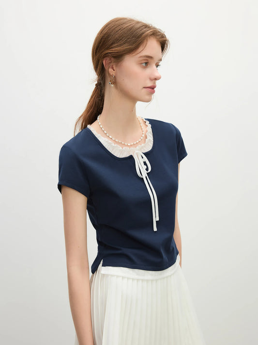 Navy Blue Age-Reducing Fake Two-Piece T-Shirt