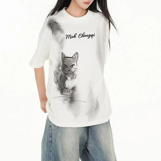 Vintage Graphic Kitten Print Short T-Shirt
