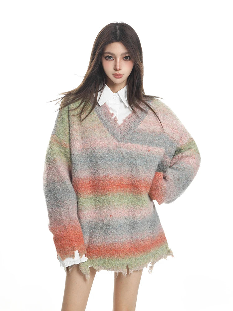 Retro Gradient Striped Sweater V-Neck Knit