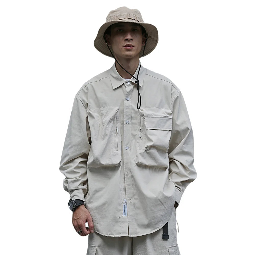 Solid Color Cargo Men Safari Shirt