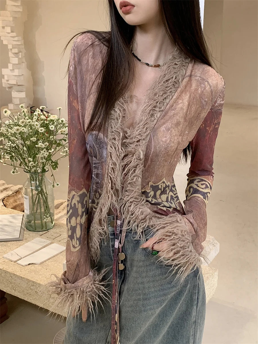 Ethnic Mesh Designer Fur Collar Coat