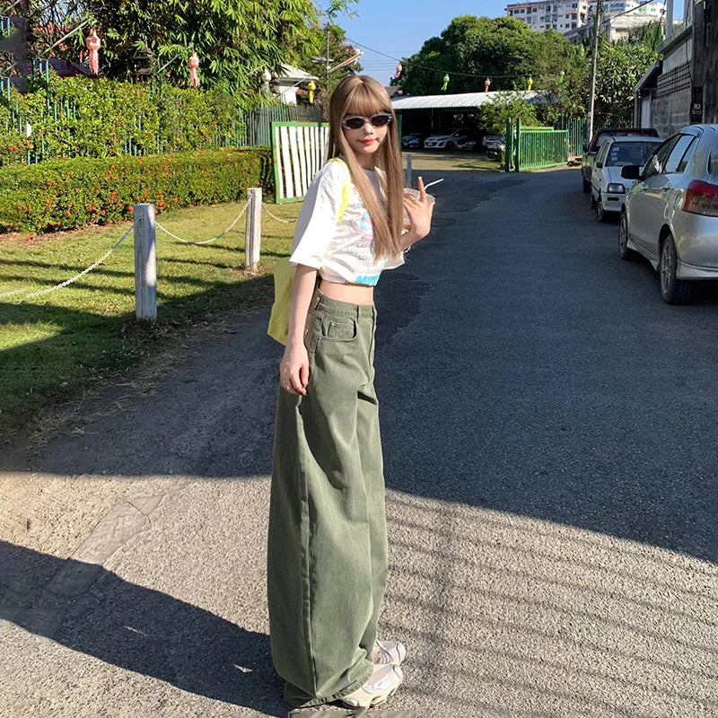 High Waist Loose Fit Green Jeans
