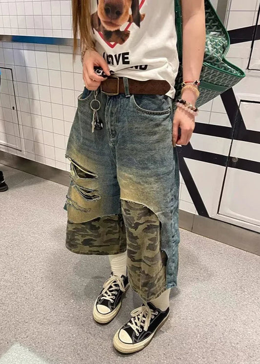 American Camouflage Ripped Denim Shorts