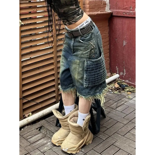 Retro Oversized Workwear Cropped Short Jeans