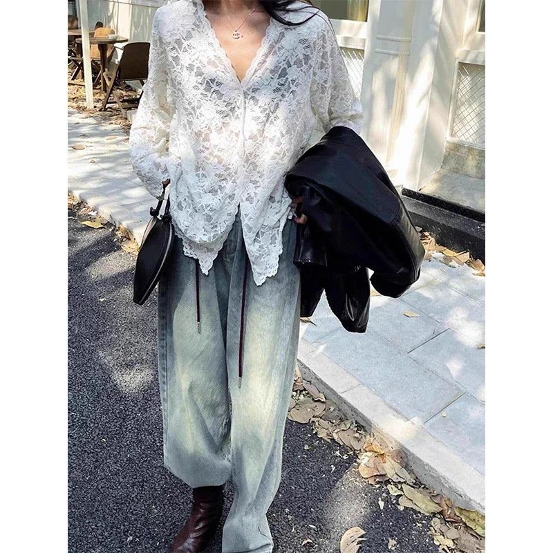 Chic Sheer Lace Blouses Womens Shirt