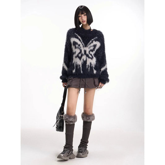 Vintage Butterfly Jacquard Knitted Sweater Pullover