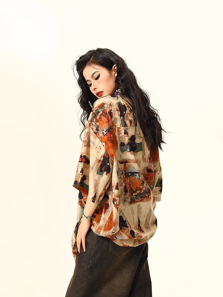 Vintage Oil Painting Print Loose Shirt