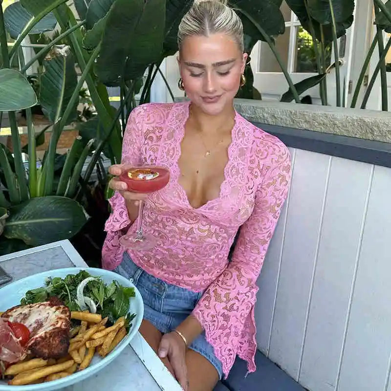 Vintage Red Lace Long Sleeve T-Shirt