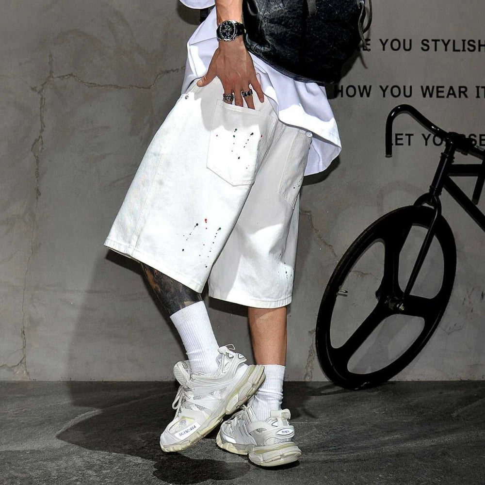White Paint Splash Denim Shorts Jeans