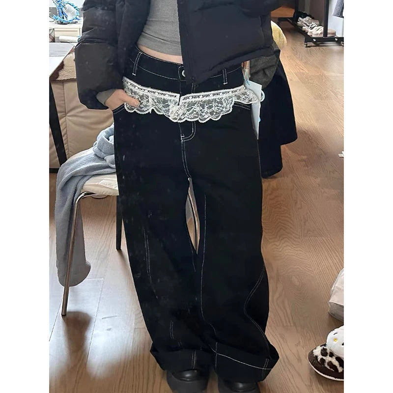 Vintage Lace Spliced Baggy Wide Jeans