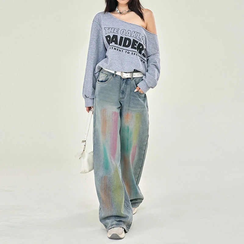 Rainbow Graffiti Printed Denim Wide Jeans