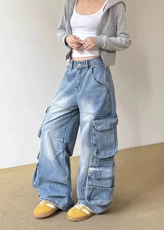 Contrasting Colors High Waist Wide Jeans