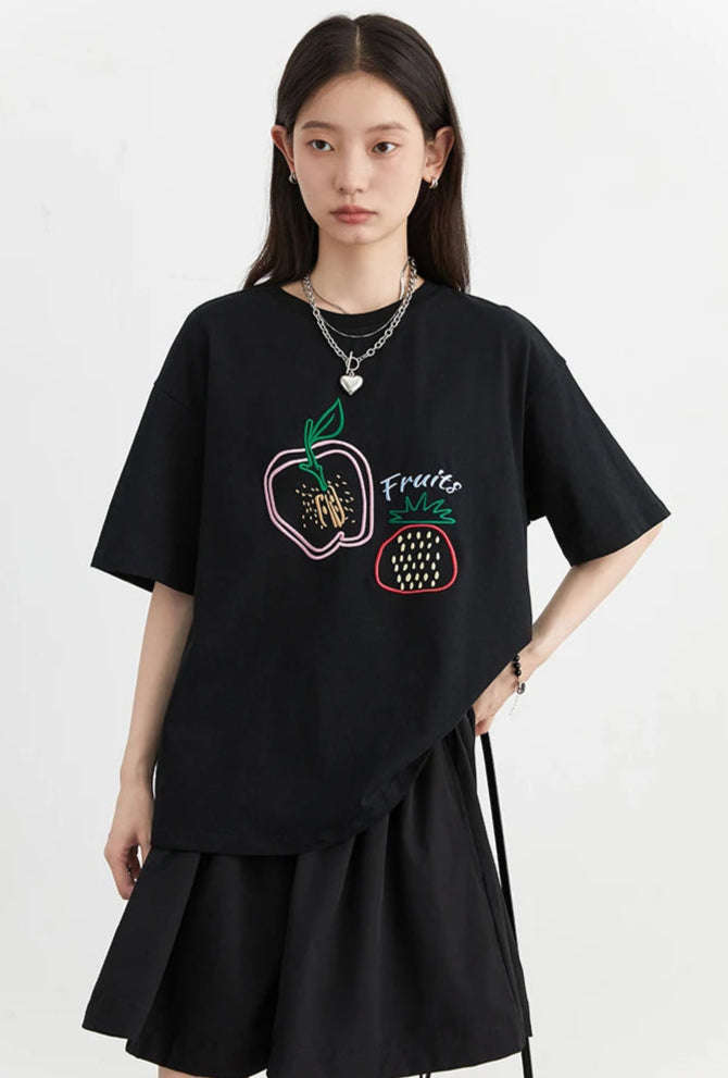 Embroidered Loose Fit Fruit Line T-Shirt