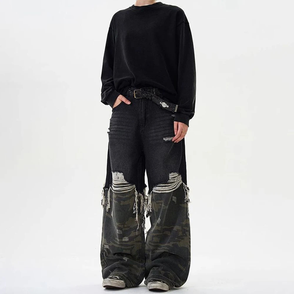 Retro Camouflage Stitched Baggy Ripped Jeans