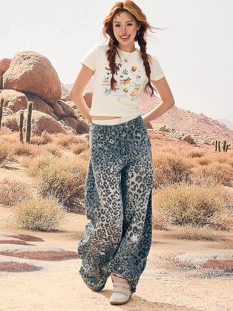 Retro Leopard Wide Leg Jeans