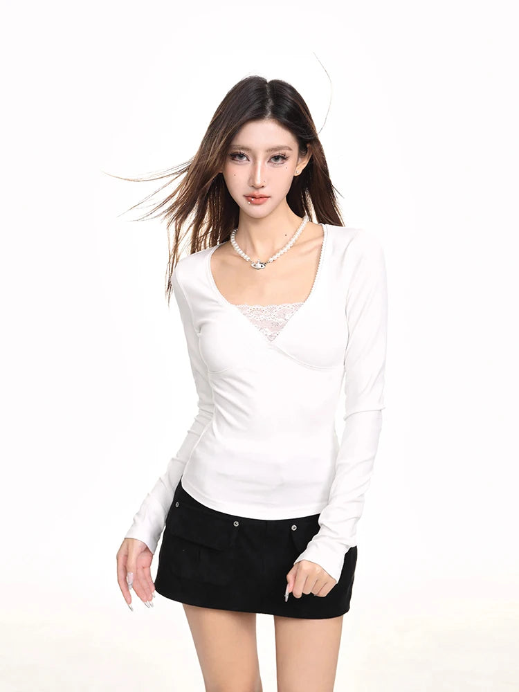 Elegant Lace Patchwork V-Neck T-Shirt