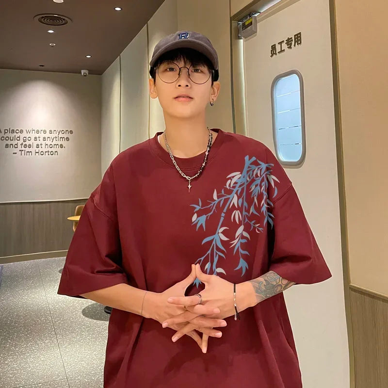 Oversized Bamboo Print White T-Shirt