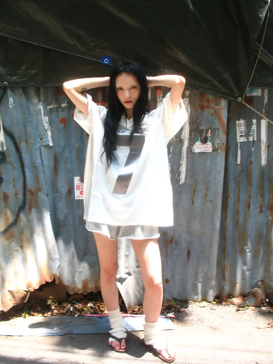 Silvery Oversize Hip Hop Graphic T-Shirt